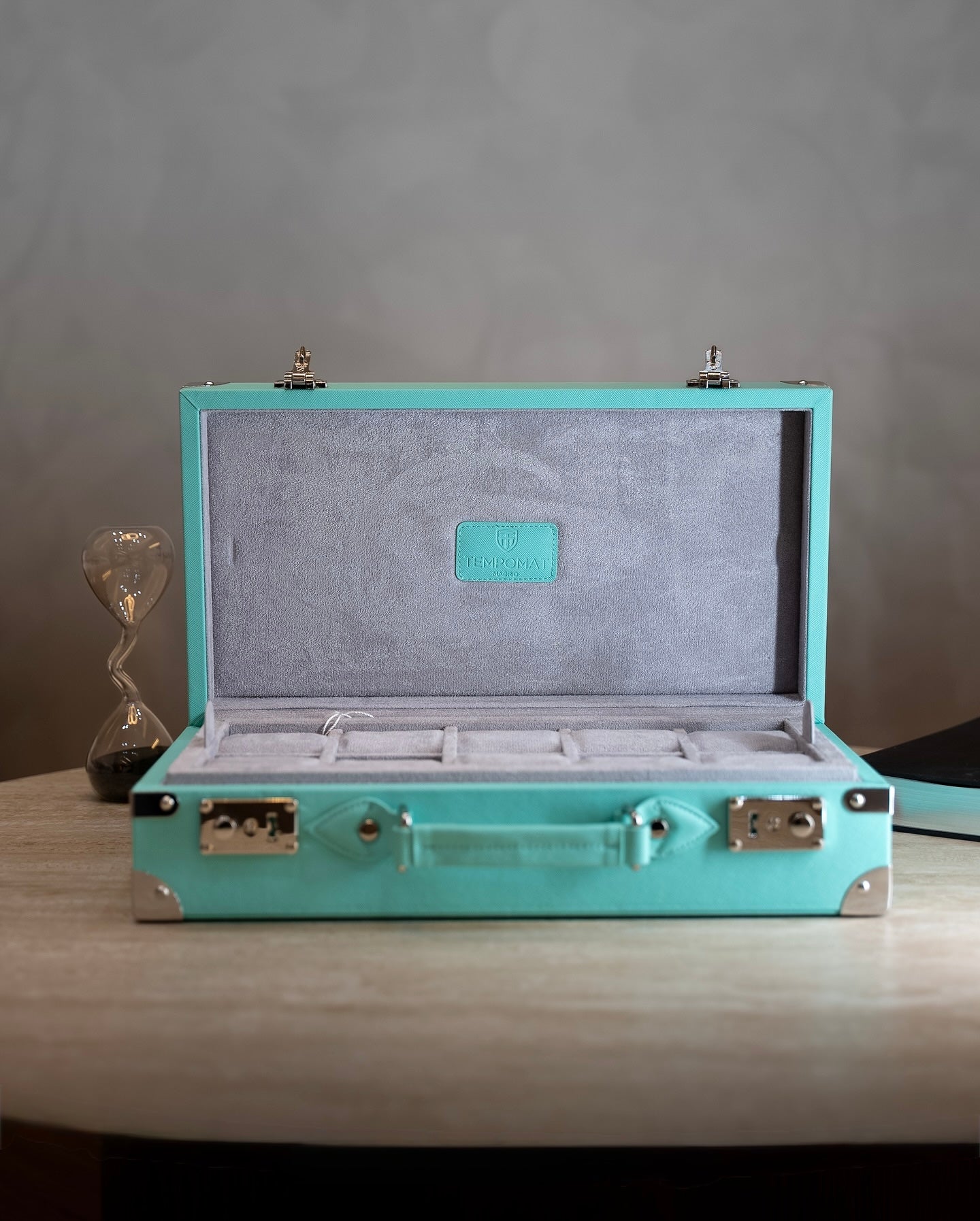 Türkisener (Tiffany) Saffiano Leder Uhrenkoffer für 10 Uhren