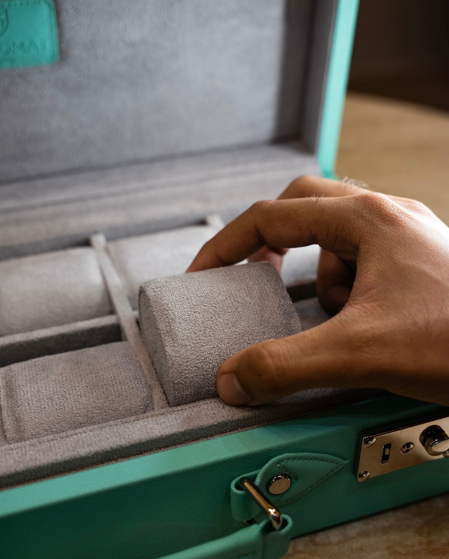 Türkisener (Tiffany) Saffiano Leder Uhrenkoffer für 10 Uhren