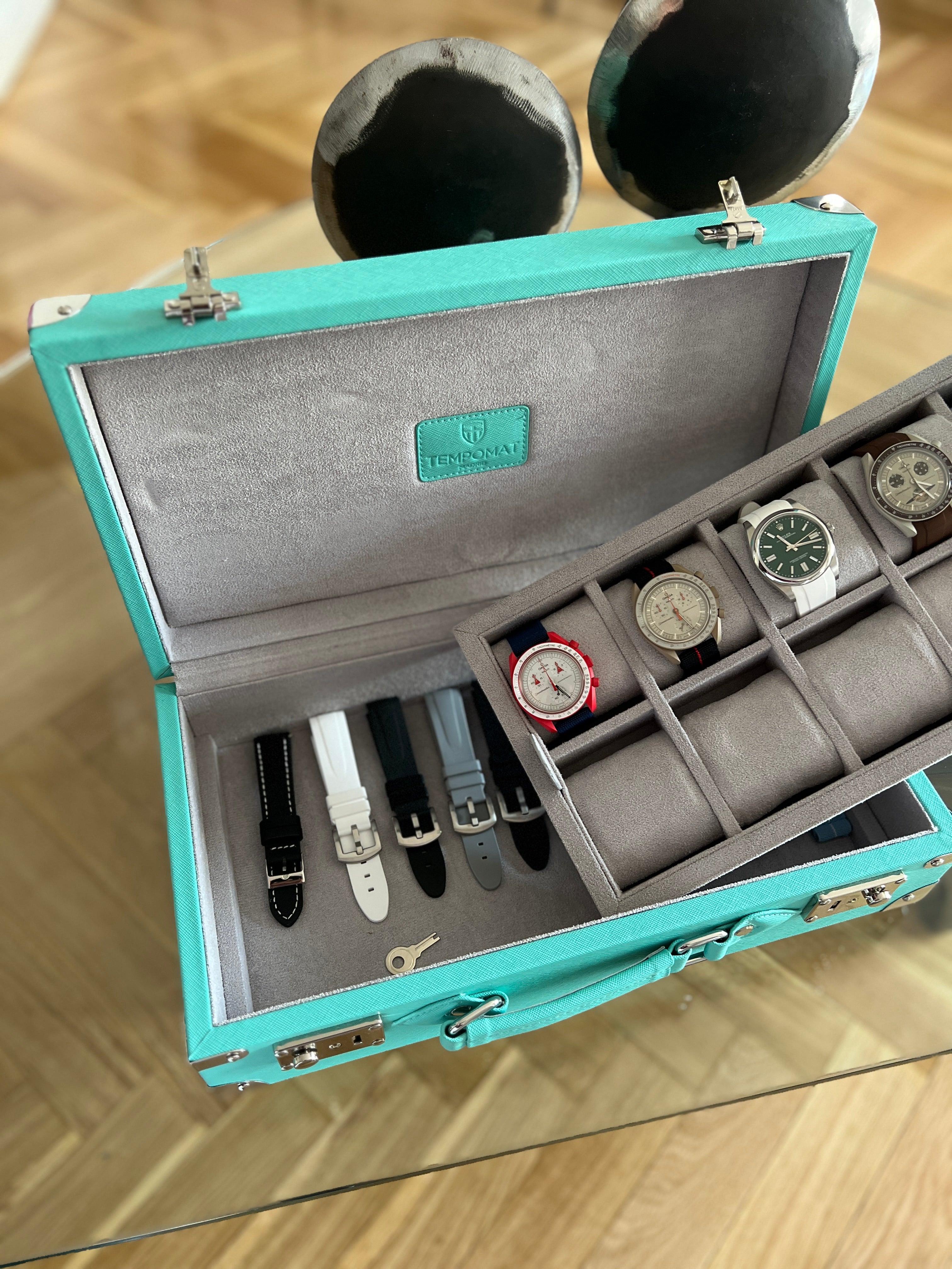 Türkisener (Tiffany) Saffiano Leder Uhrenkoffer für 10 Uhren