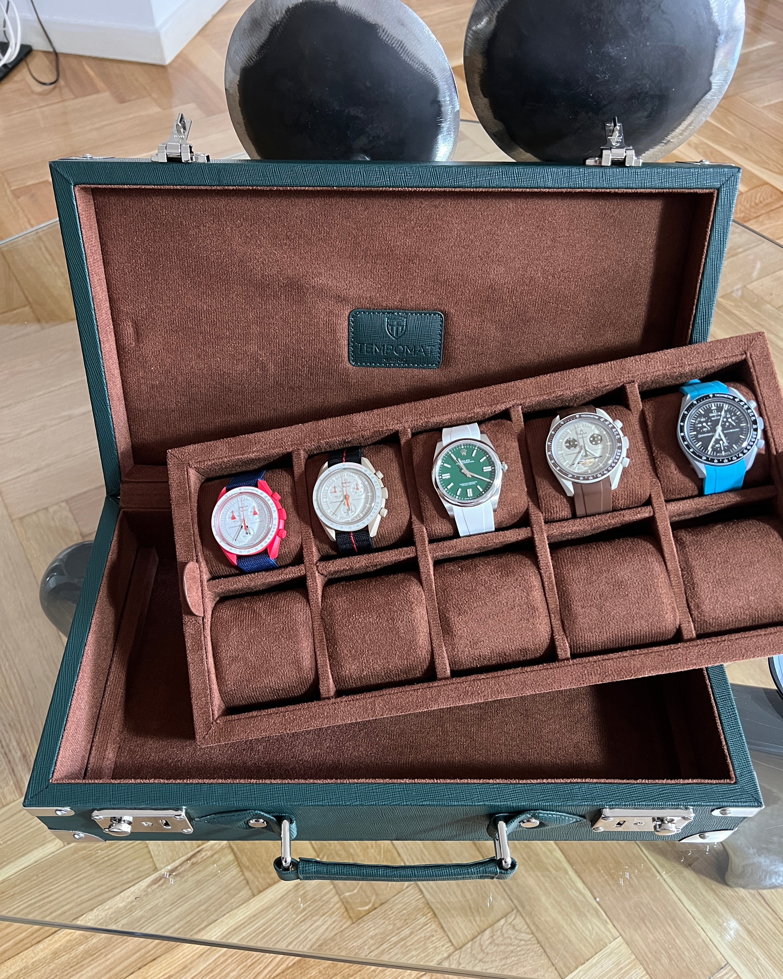 Grüner Saffiano Leder Uhrenkoffer für 10 Uhren