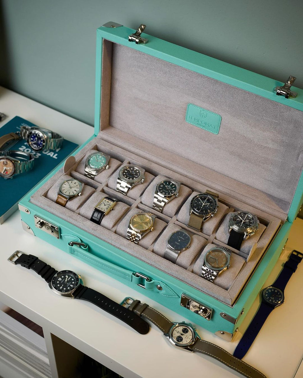 Türkisener (Tiffany) Saffiano Leder Uhrenkoffer für 10 Uhren